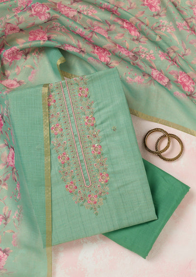 Sea Green Zariwork (Gold) Linen Unstitched Salwar Suit-koskii