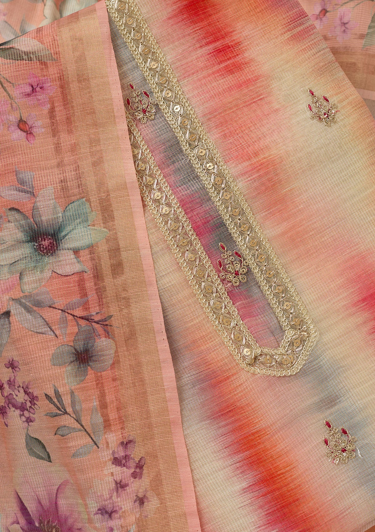 Multi Zariwork (Gold) Chanderi Unstitched Salwar Suit-Koskii