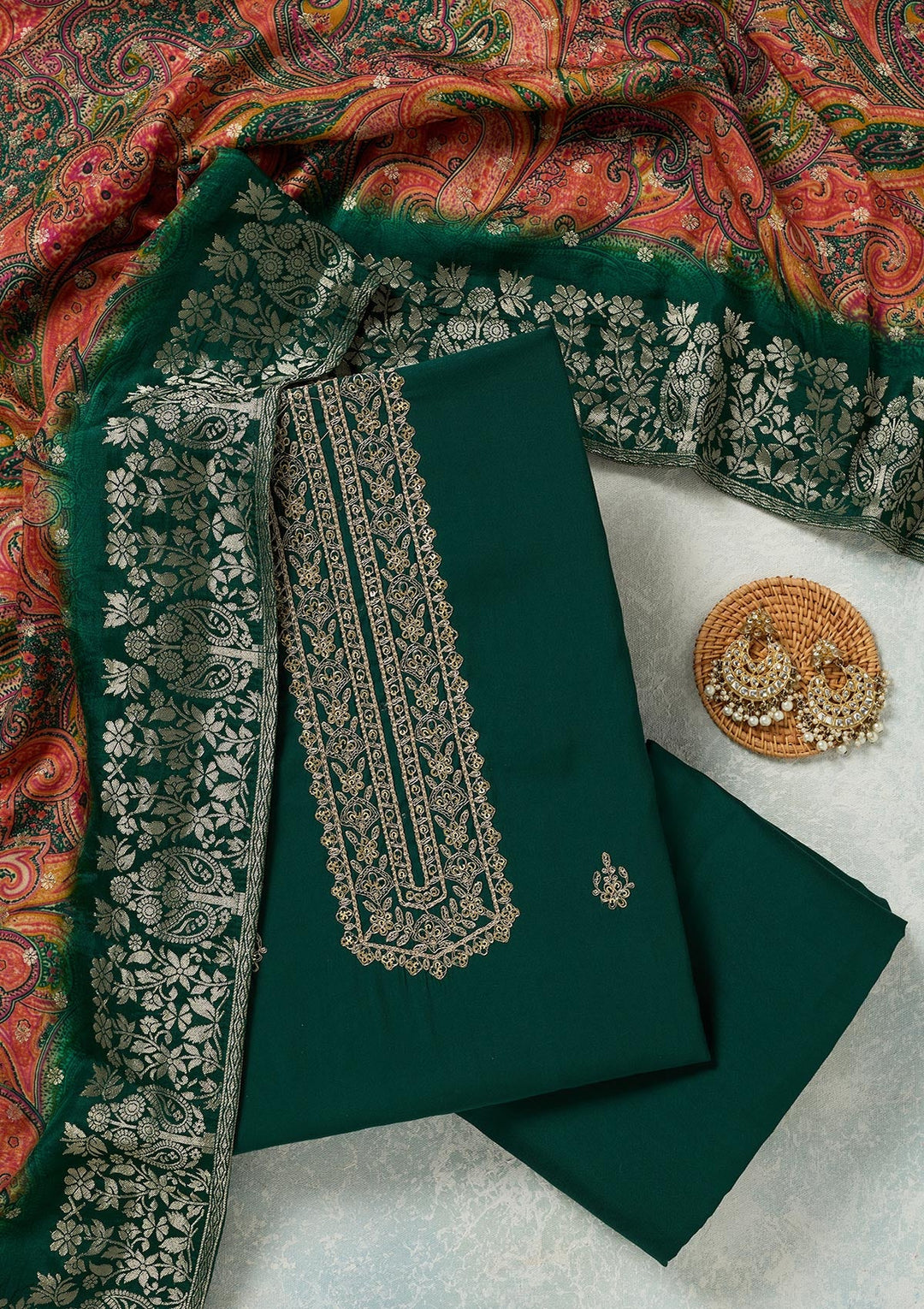 Bottle Green Threadwork Dola Silk Unstitched Salwar Suit-koskii
