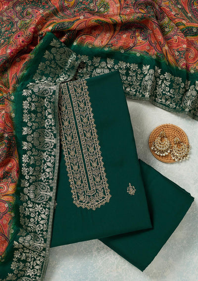 Bottle Green Threadwork Dola Silk Unstitched Salwar Suit-koskii