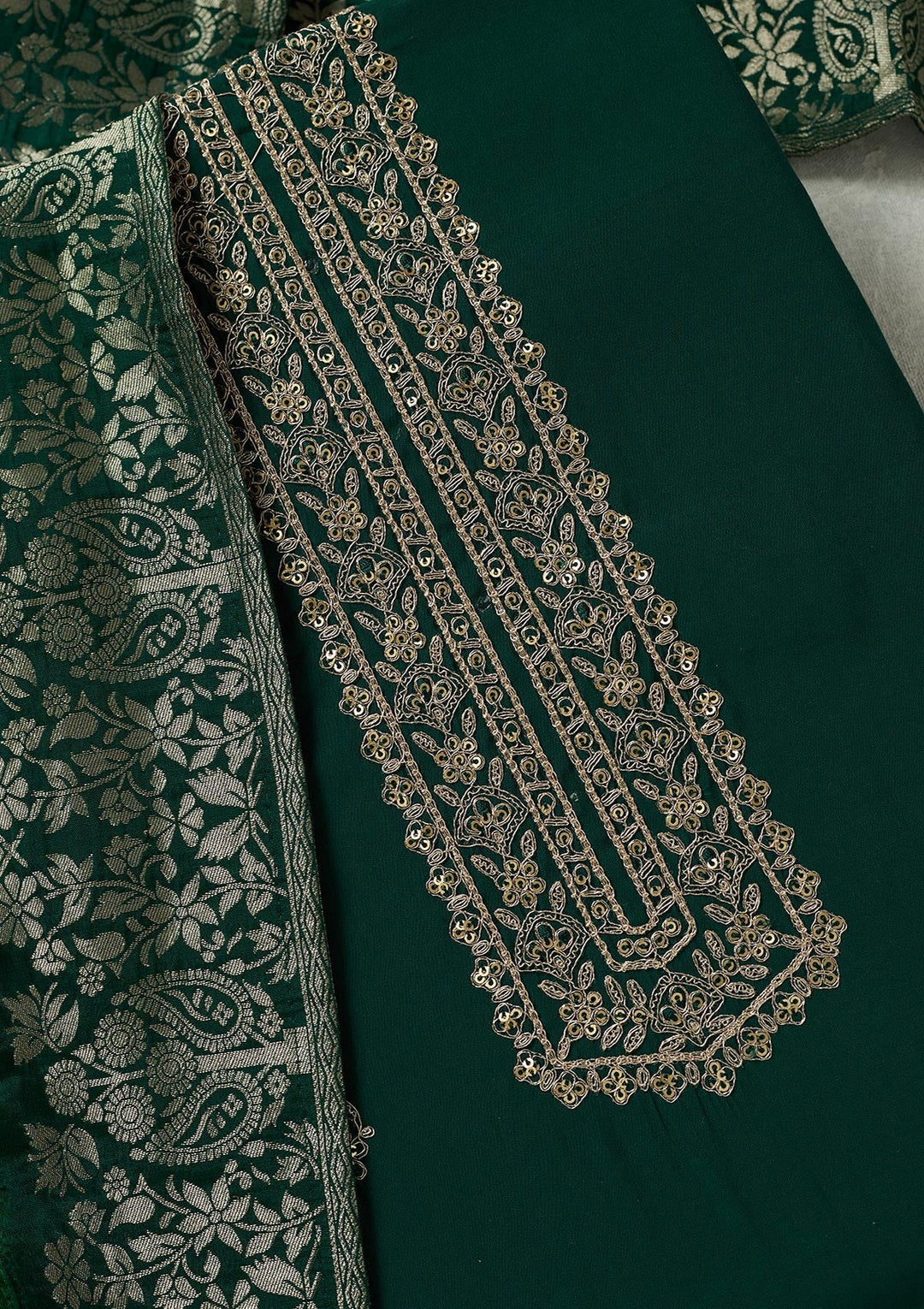 Bottle Green Threadwork Dola Silk Unstitched Salwar Suit-koskii