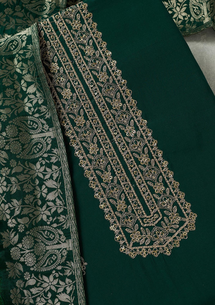 Bottle Green Threadwork Dola Silk Unstitched Salwar Suit-koskii