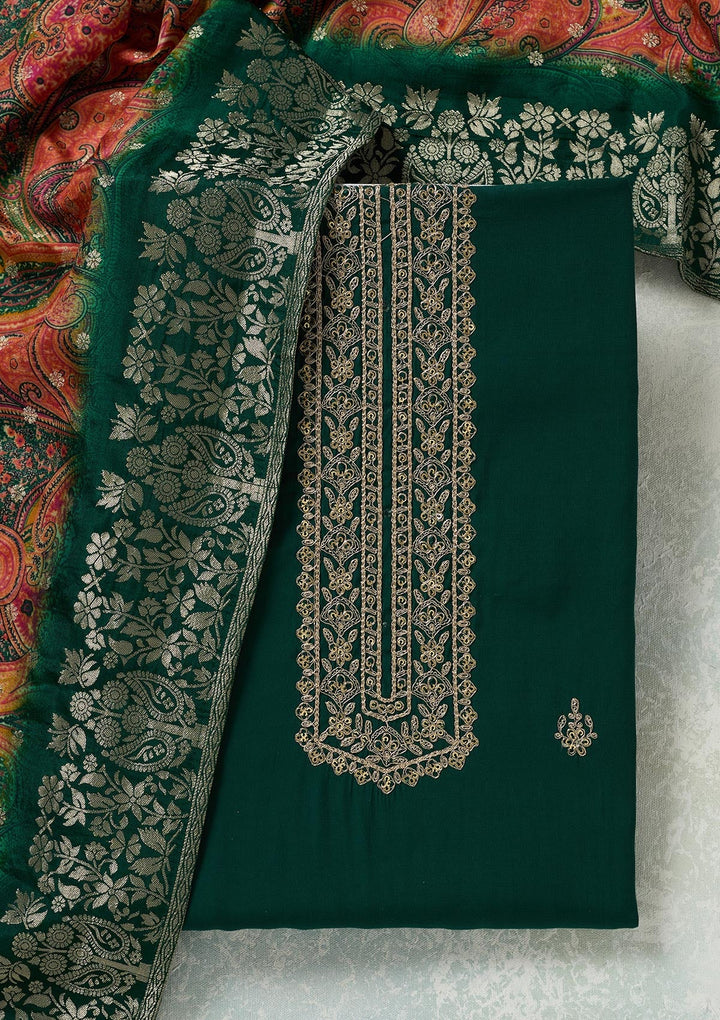 Bottle Green Threadwork Dola Silk Unstitched Salwar Suit-koskii