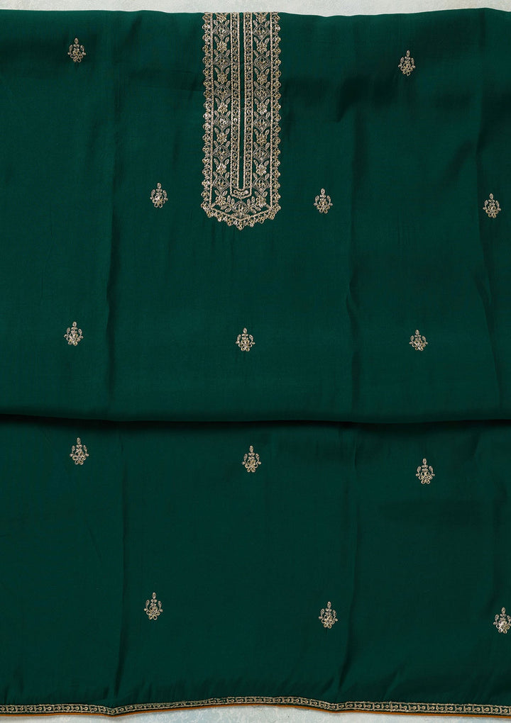 Bottle Green Threadwork Dola Silk Unstitched Salwar Suit-koskii