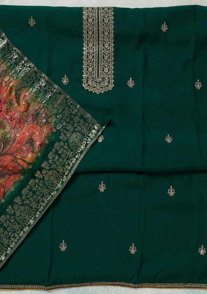Bottle Green Threadwork Dola Silk Unstitched Salwar Suit-koskii