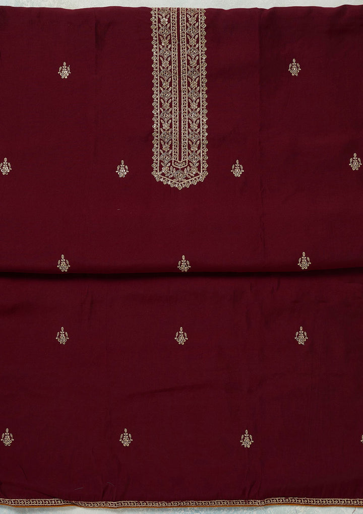Maroon Threadwork Dola Silk Unstitched Salwar Suit-koskii