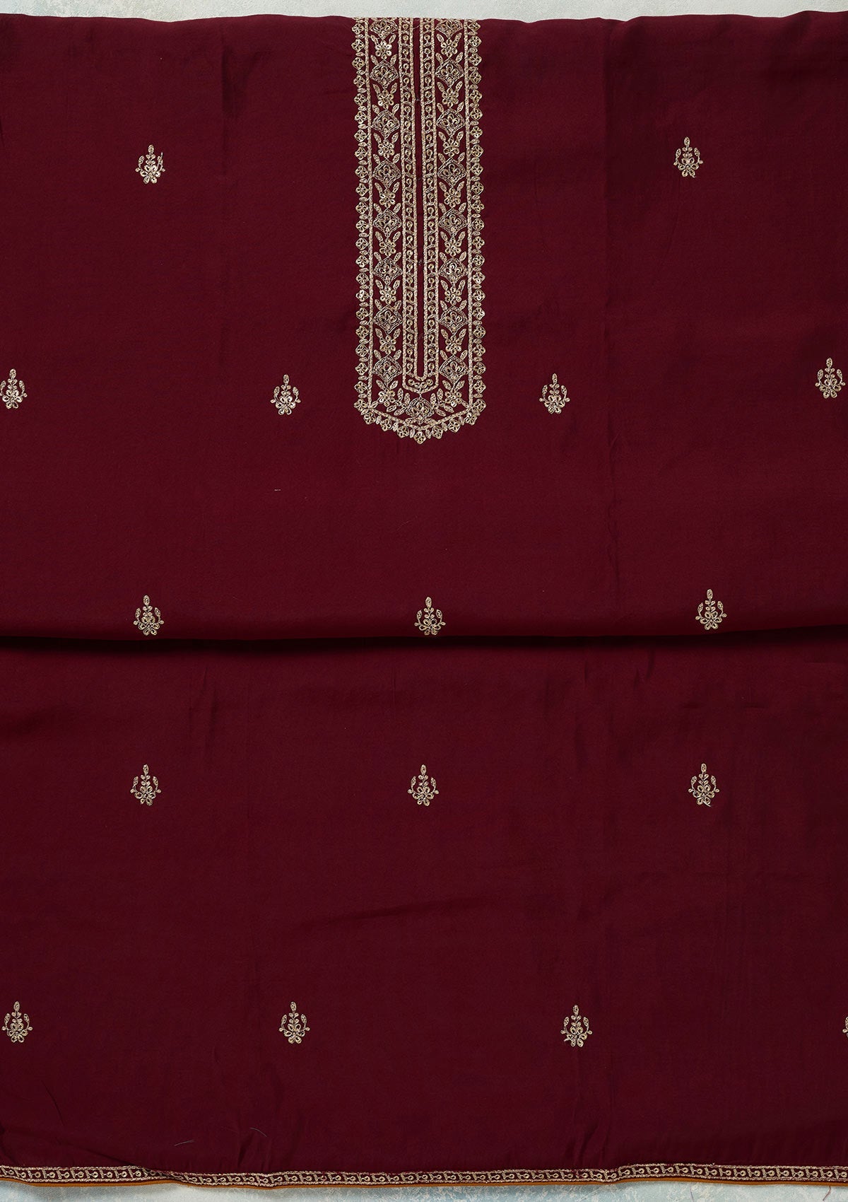 Maroon Threadwork Dola Silk Unstitched Salwar Suit-koskii