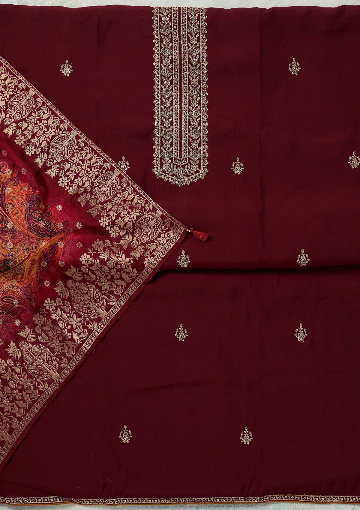 Maroon Threadwork Dola Silk Unstitched Salwar Suit-koskii