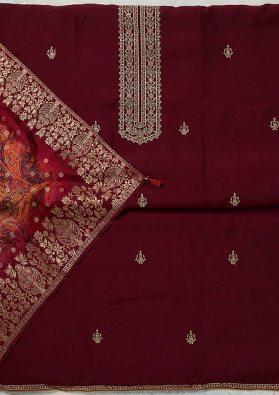 Maroon Threadwork Dola Silk Unstitched Salwar Suit-koskii