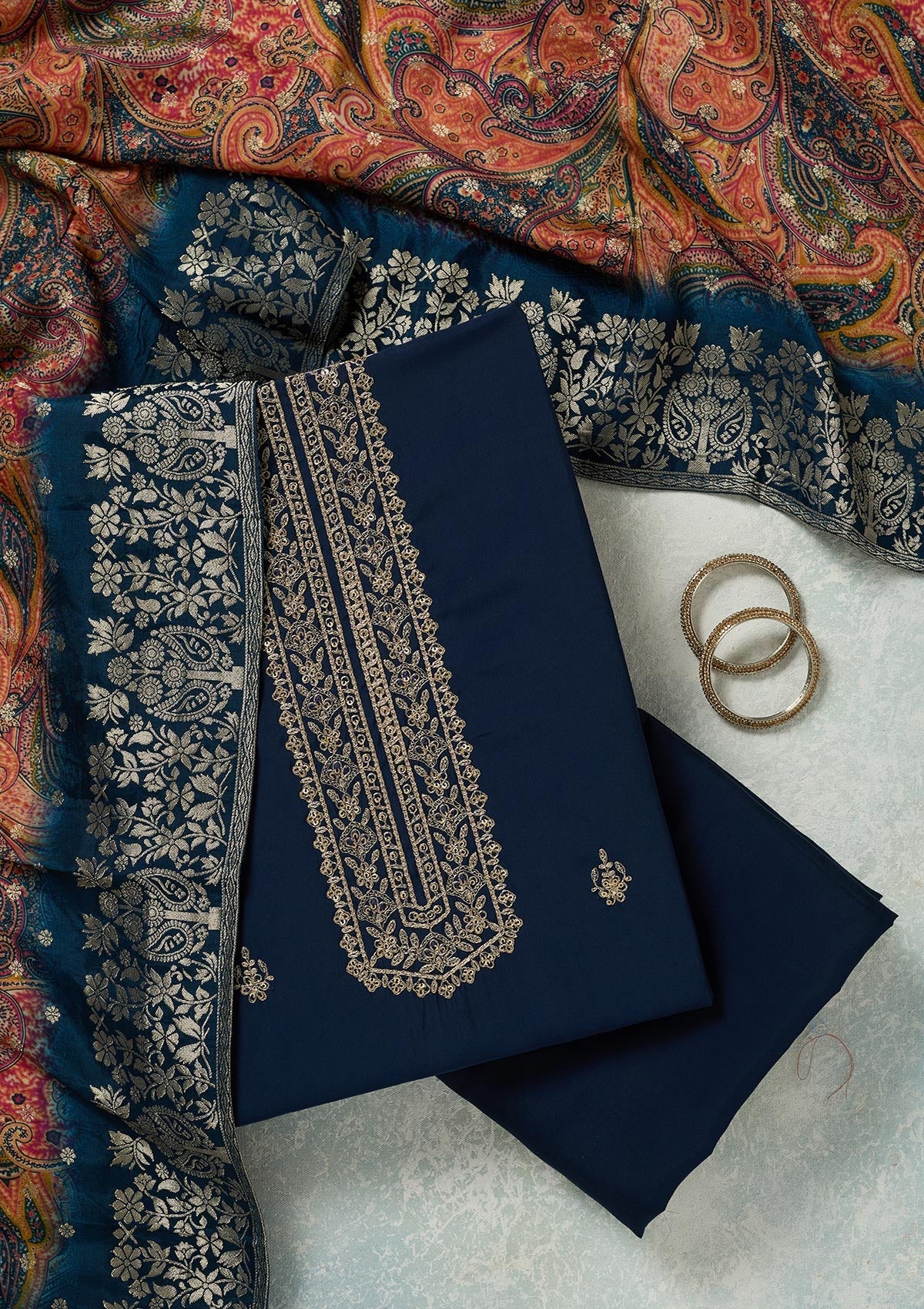 Navy Blue Threadwork Dola Silk Unstitched Salwar Suit-koskii