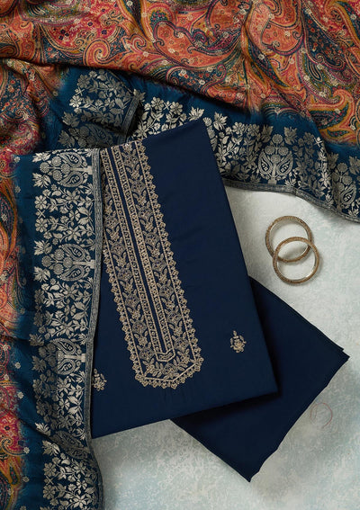 Navy Blue Threadwork Dola Silk Unstitched Salwar Suit-koskii