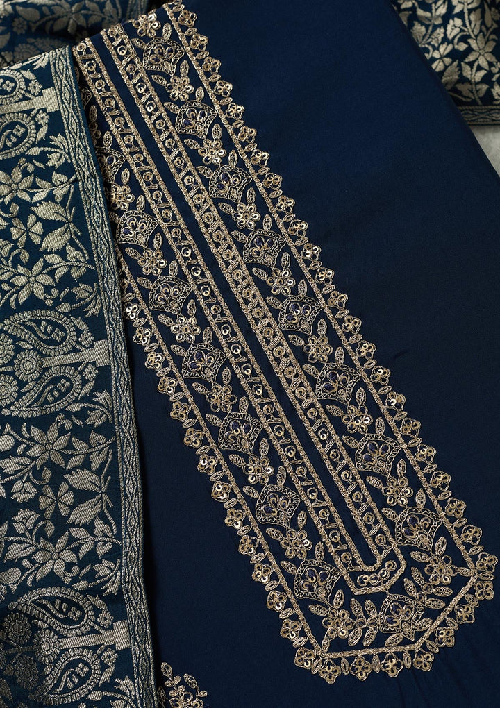 Navy Blue Threadwork Dola Silk Unstitched Salwar Suit-koskii