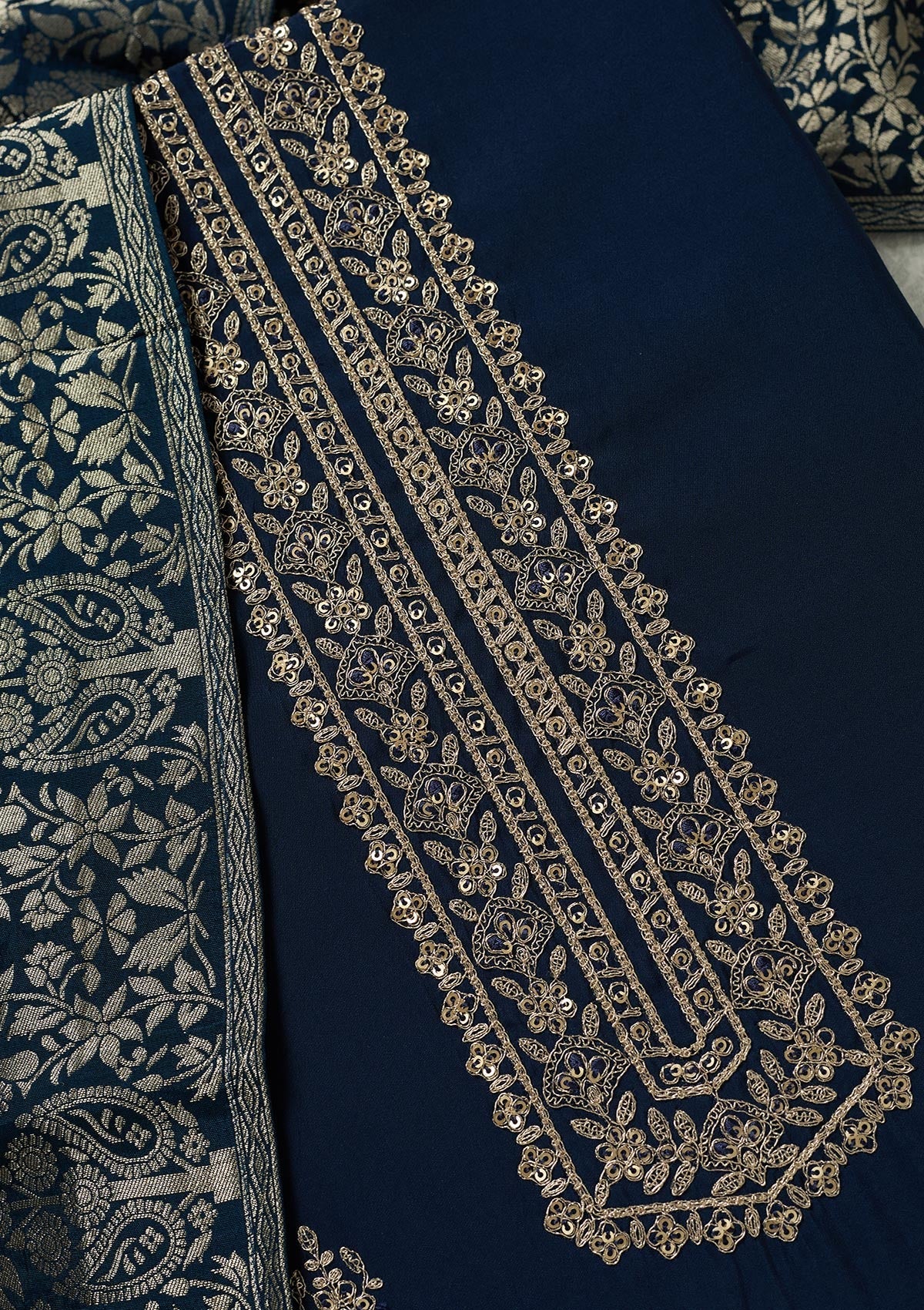 Navy Blue Threadwork Dola Silk Unstitched Salwar Suit-koskii