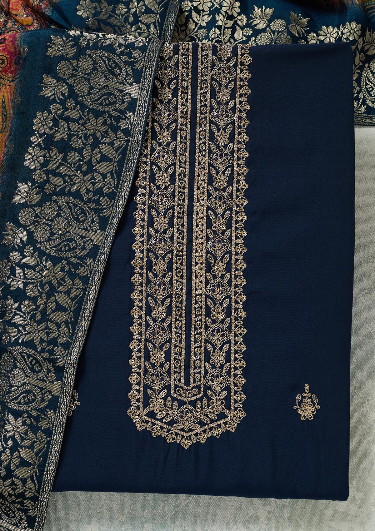 Navy Blue Threadwork Dola Silk Unstitched Salwar Suit-koskii