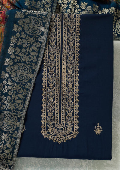 Navy Blue Threadwork Dola Silk Unstitched Salwar Suit-koskii