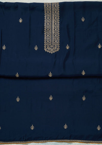 Navy Blue Threadwork Dola Silk Unstitched Salwar Suit-koskii