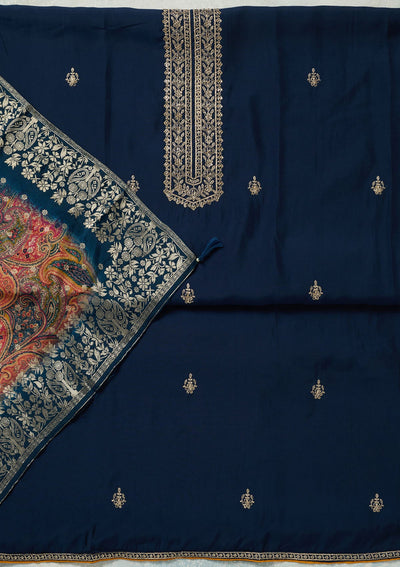 Navy Blue Threadwork Dola Silk Unstitched Salwar Suit-koskii