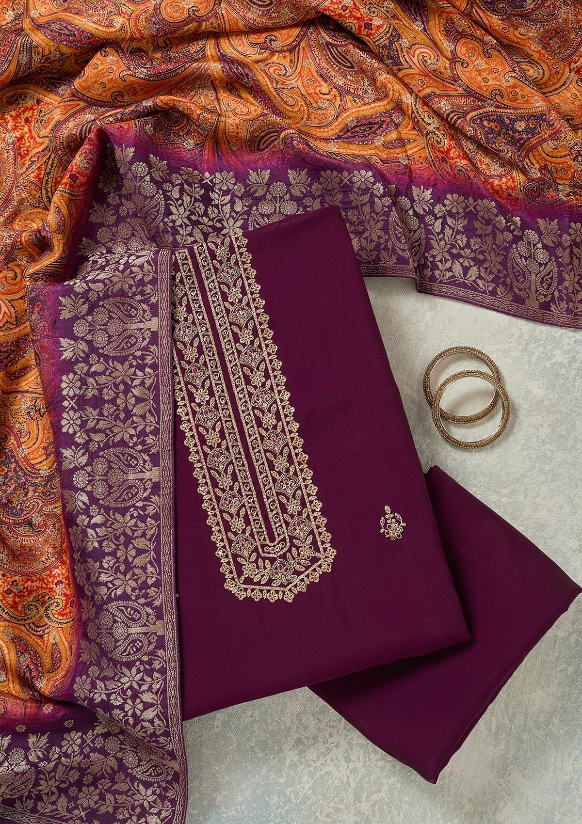 Purple Threadwork Dola Silk Unstitched Salwar Suit-Koskii