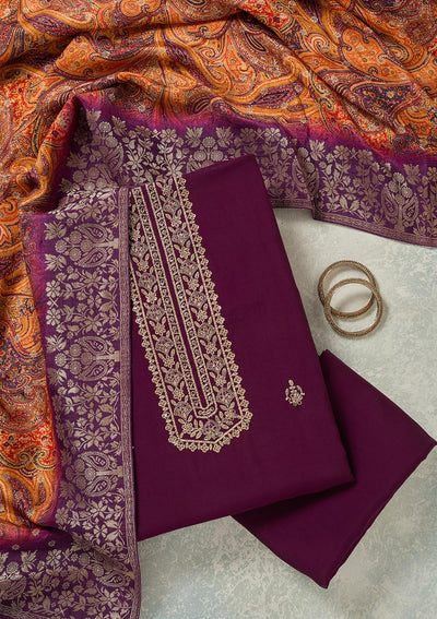 Purple Threadwork Dola Silk Unstitched Salwar Suit-Koskii