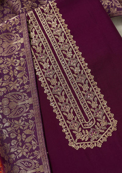 Purple Threadwork Dola Silk Unstitched Salwar Suit-Koskii