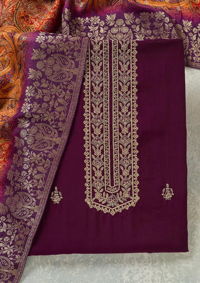 Purple Threadwork Dola Silk Unstitched Salwar Suit-Koskii