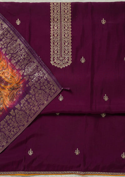 Purple Threadwork Dola Silk Unstitched Salwar Suit-Koskii