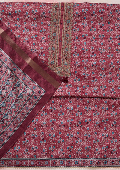 Onion Pink Zariwork (Gold) Chanderi Unstitched Salwar Suit-koskii