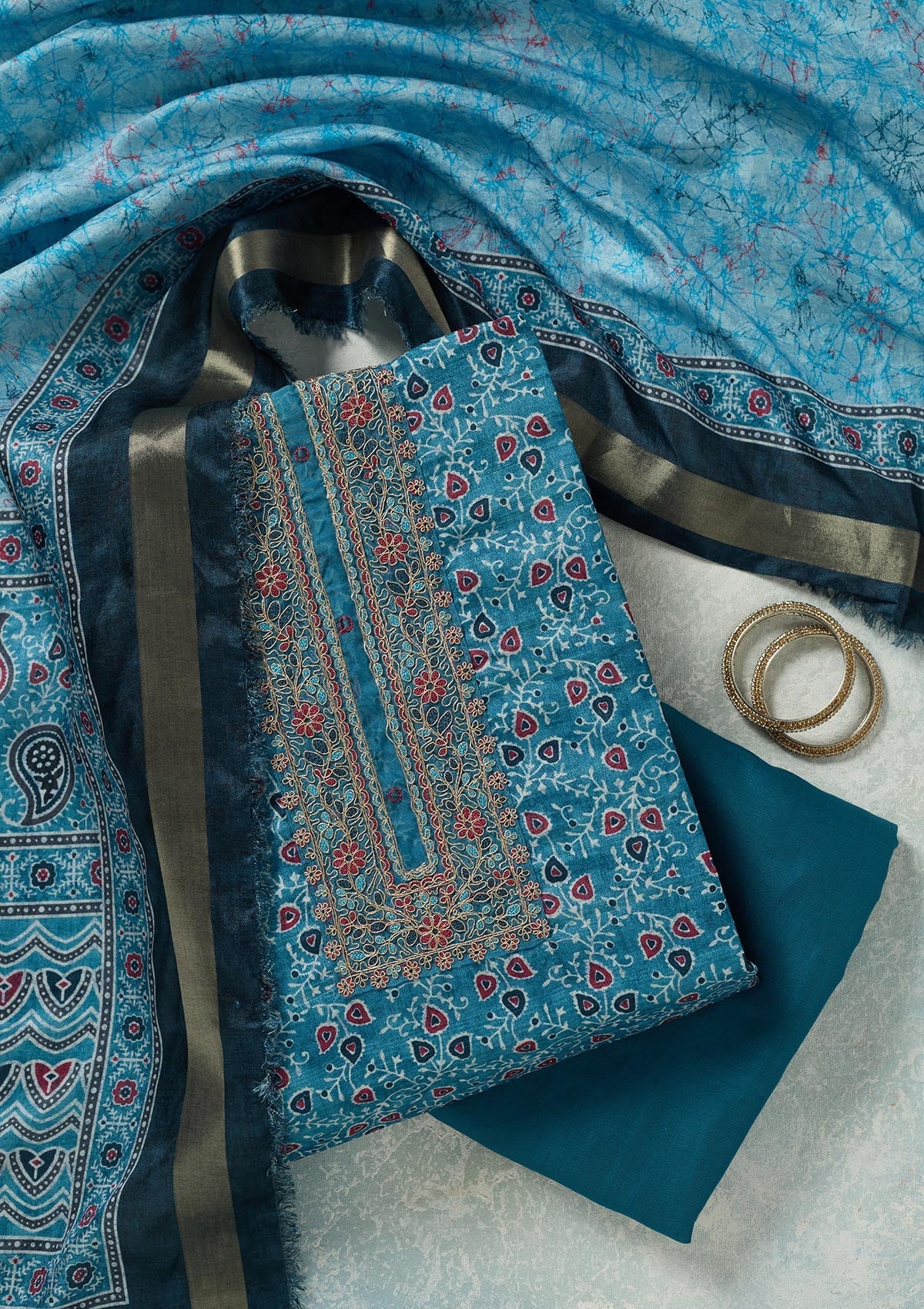 Sky Blue Zariwork (Gold) Chanderi Unstitched Salwar Suit-Koskii