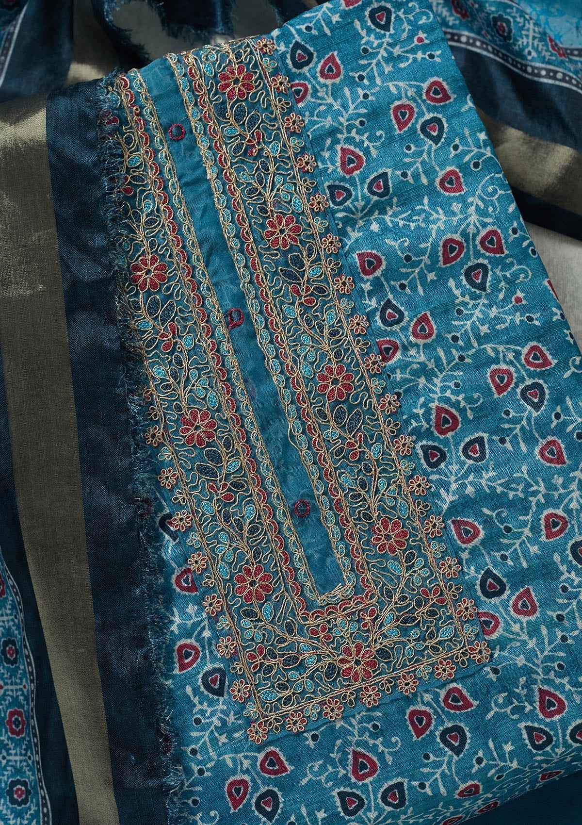 Sky Blue Zariwork (Gold) Chanderi Unstitched Salwar Suit-Koskii
