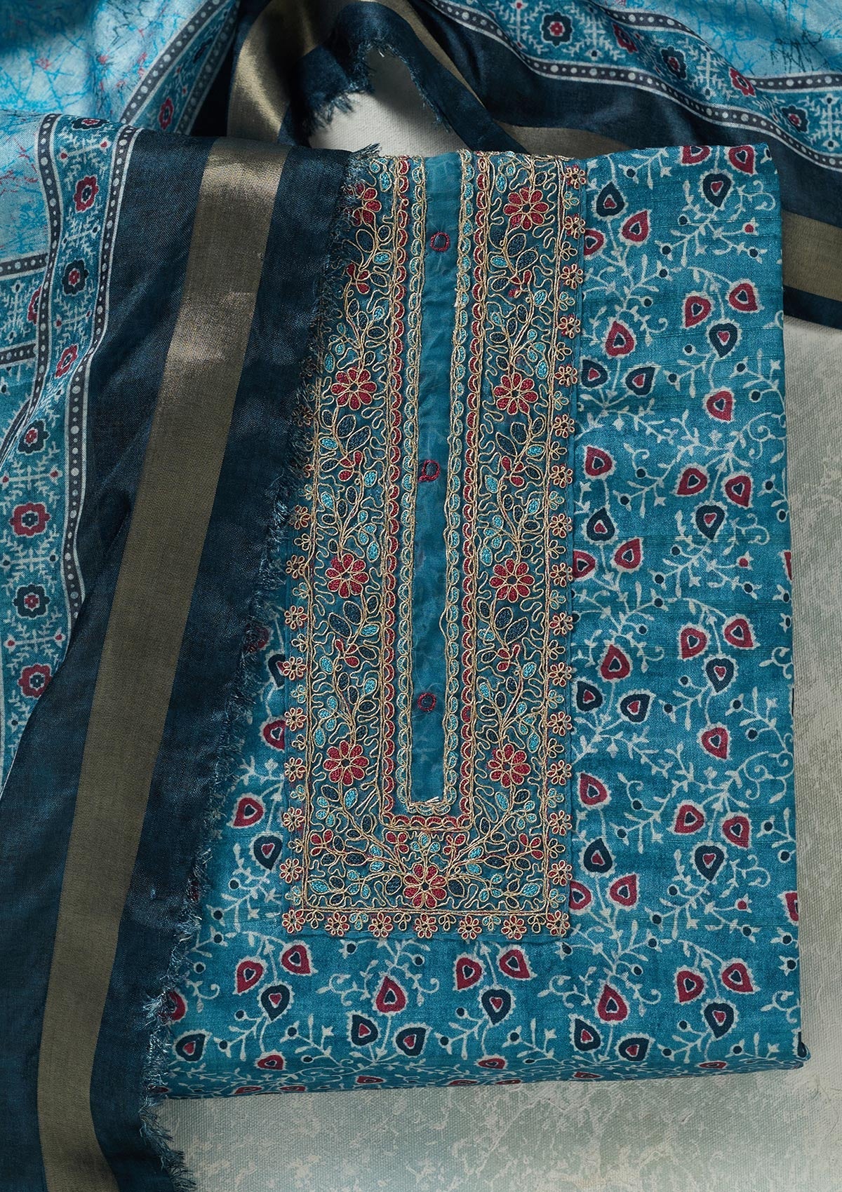 Sky Blue Zariwork (Gold) Chanderi Unstitched Salwar Suit-Koskii