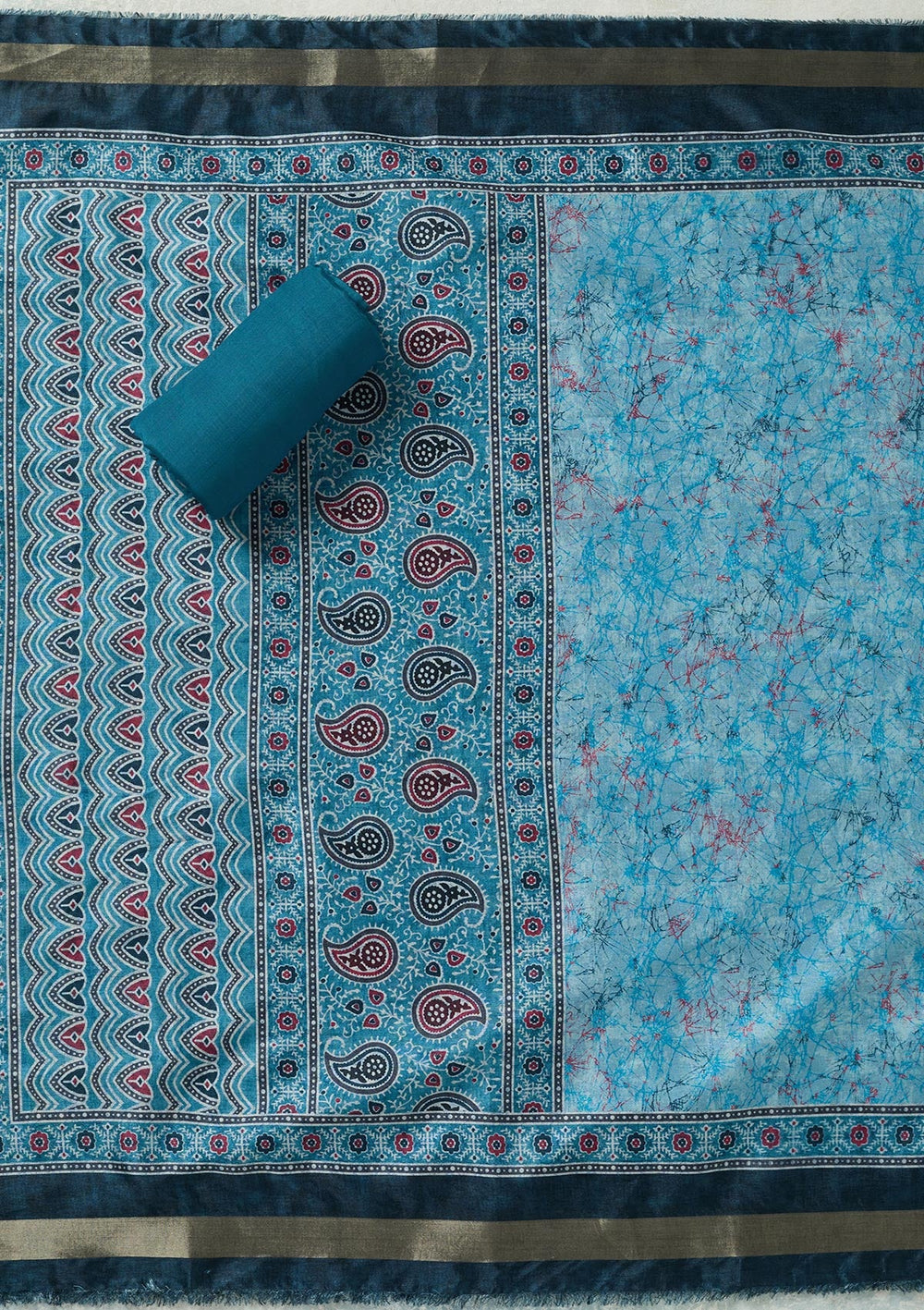 Sky Blue Zariwork (Gold) Chanderi Unstitched Salwar Suit-Koskii