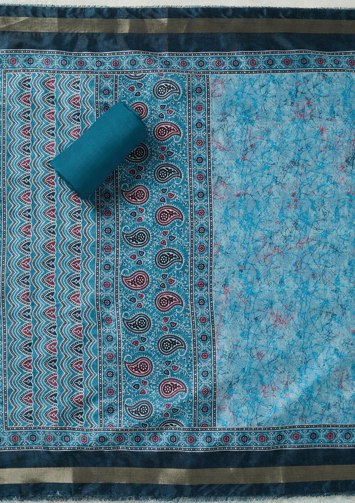 Sky Blue Zariwork (Gold) Chanderi Unstitched Salwar Suit-Koskii