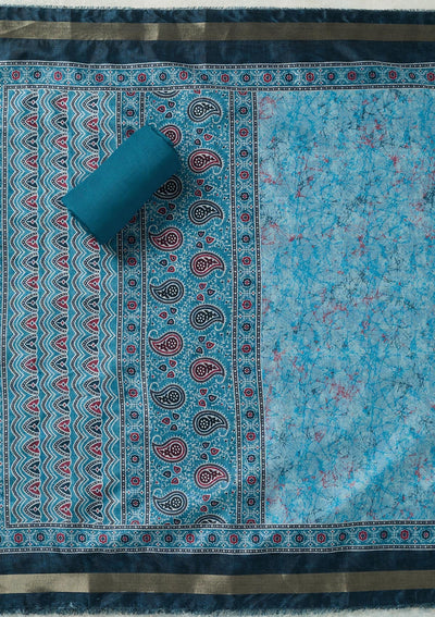 Sky Blue Zariwork (Gold) Chanderi Unstitched Salwar Suit-Koskii