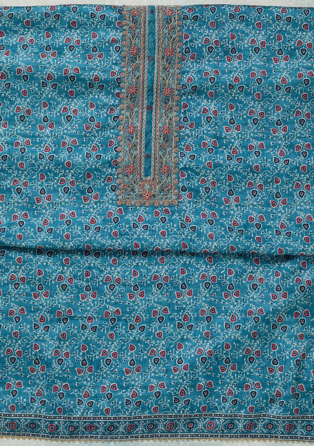 Sky Blue Zariwork (Gold) Chanderi Unstitched Salwar Suit-Koskii