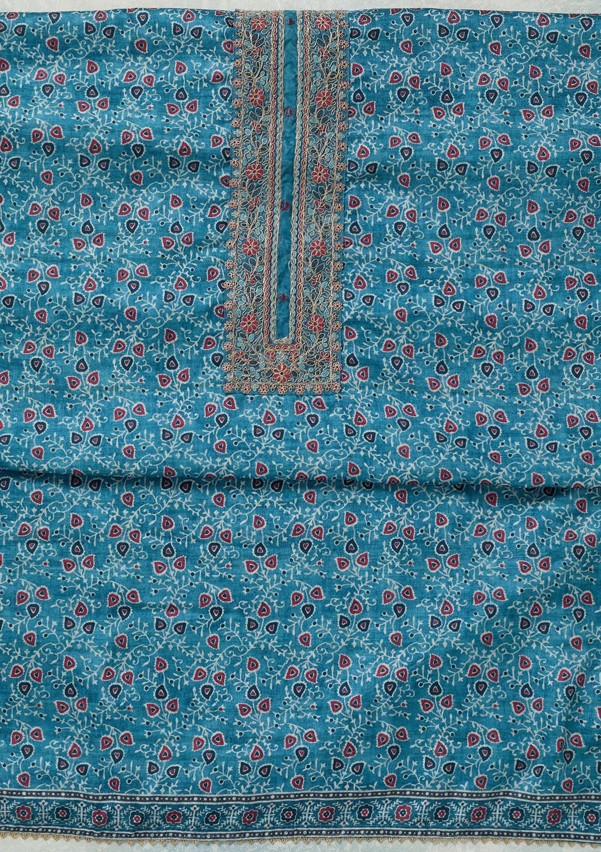 Sky Blue Zariwork (Gold) Chanderi Unstitched Salwar Suit-Koskii