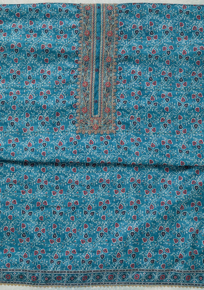 Sky Blue Zariwork (Gold) Chanderi Unstitched Salwar Suit-Koskii