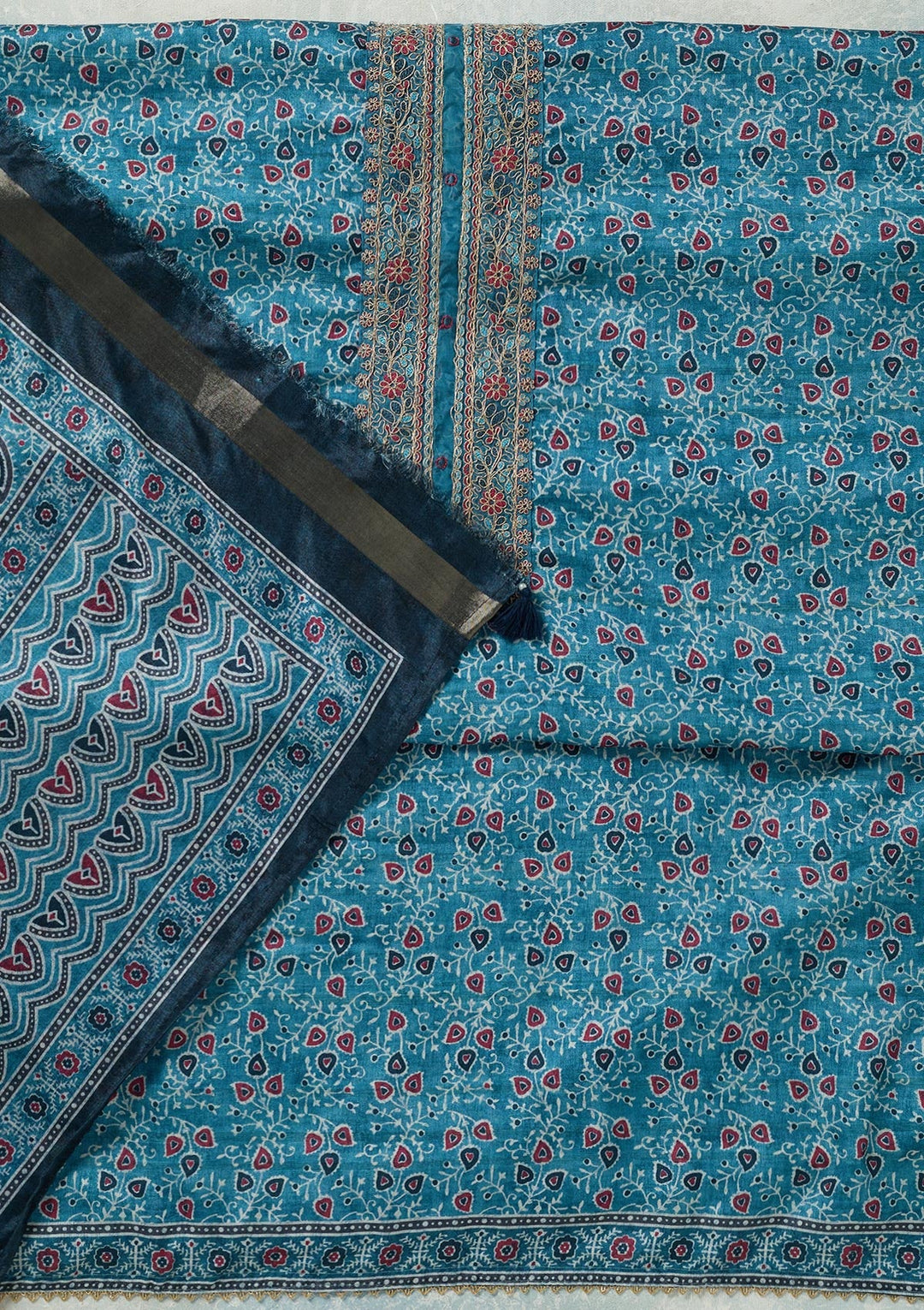 Sky Blue Zariwork (Gold) Chanderi Unstitched Salwar Suit-Koskii