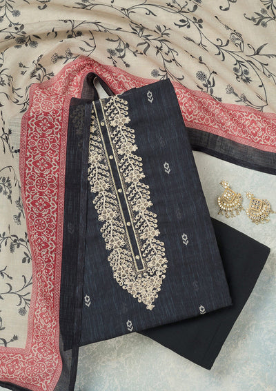 Black Threadwork Linen Unstitched Salwar Suit-koskii