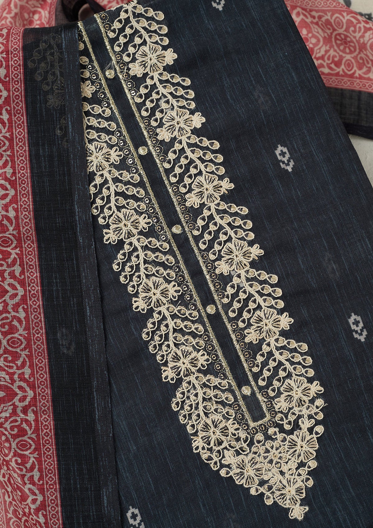 Black Threadwork Linen Unstitched Salwar Suit-koskii