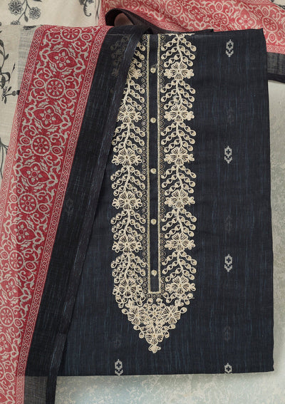 Black Threadwork Linen Unstitched Salwar Suit-koskii