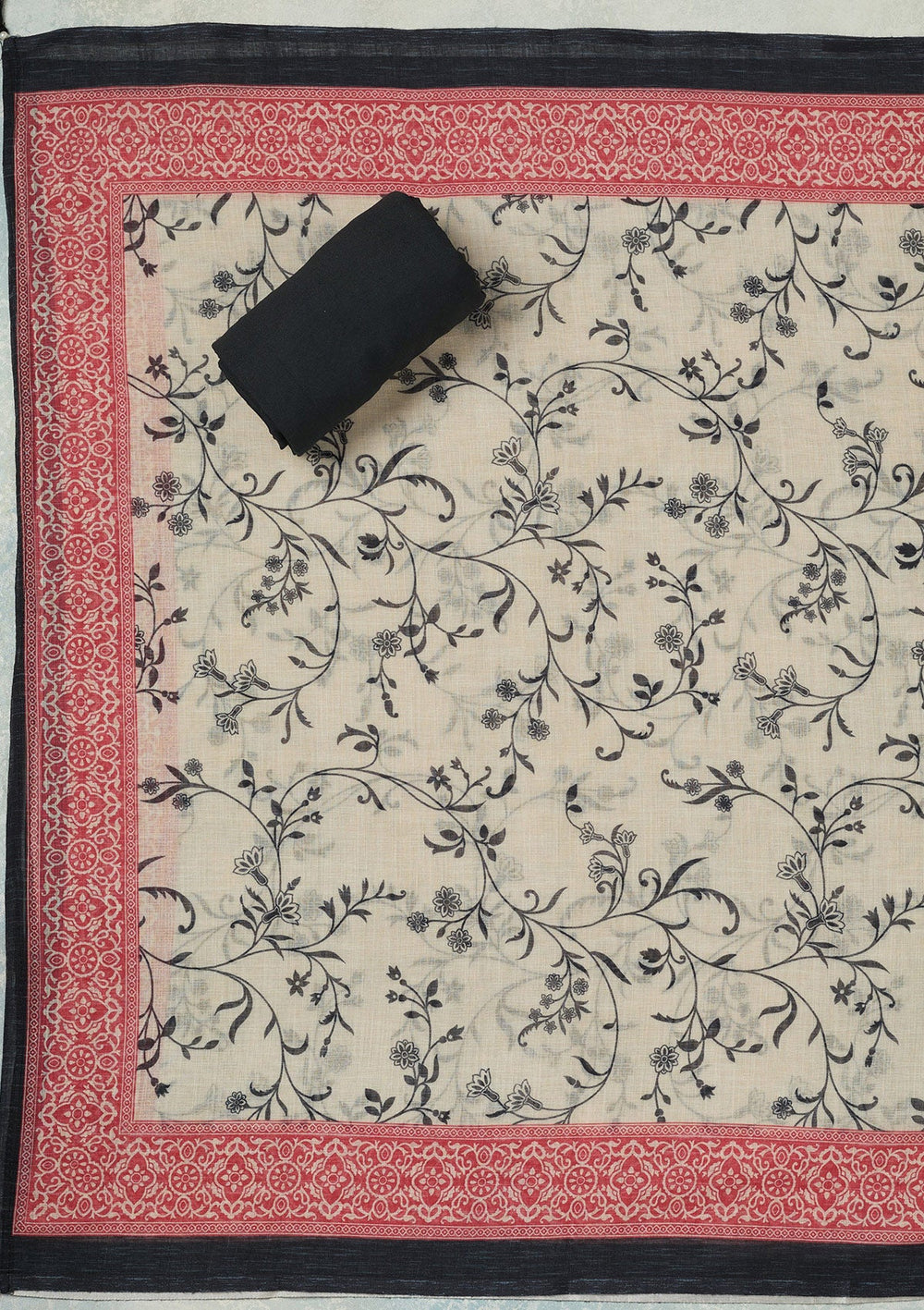 Black Threadwork Linen Unstitched Salwar Suit-koskii