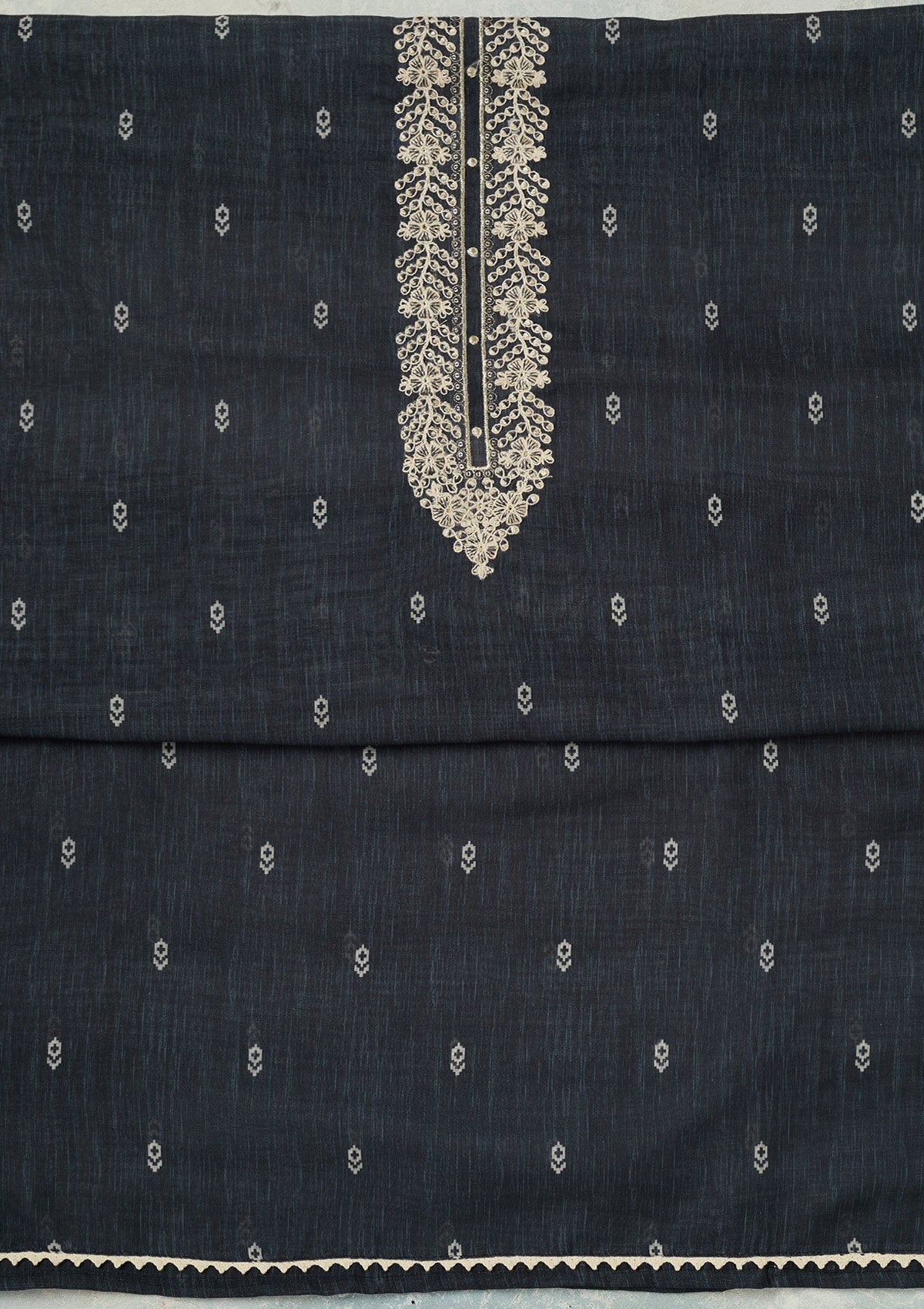 Black Threadwork Linen Unstitched Salwar Suit-koskii