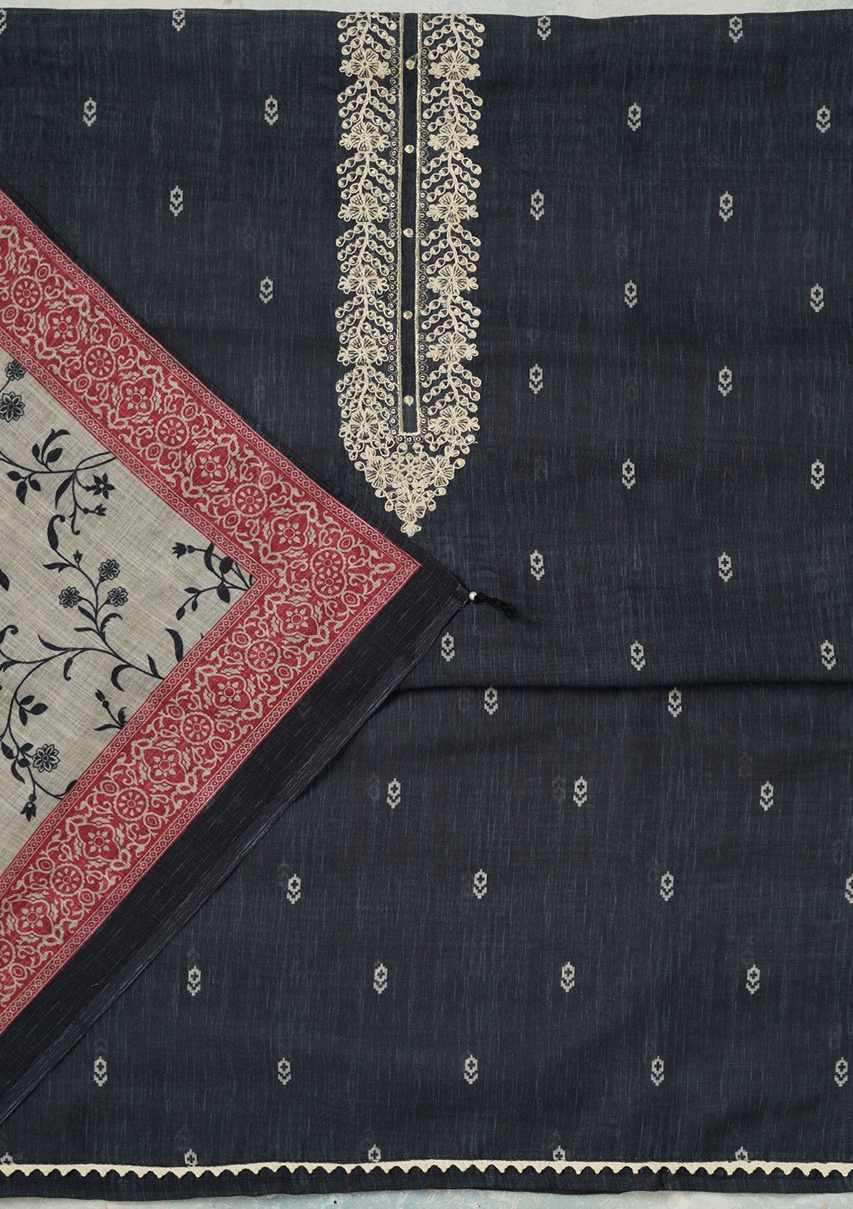 Black Threadwork Linen Unstitched Salwar Suit-koskii