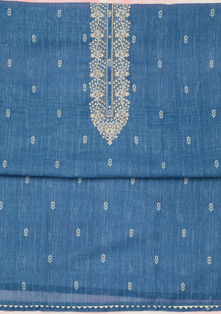 Royal Blue Threadwork Linen Unstitched Salwar Suit-koskii