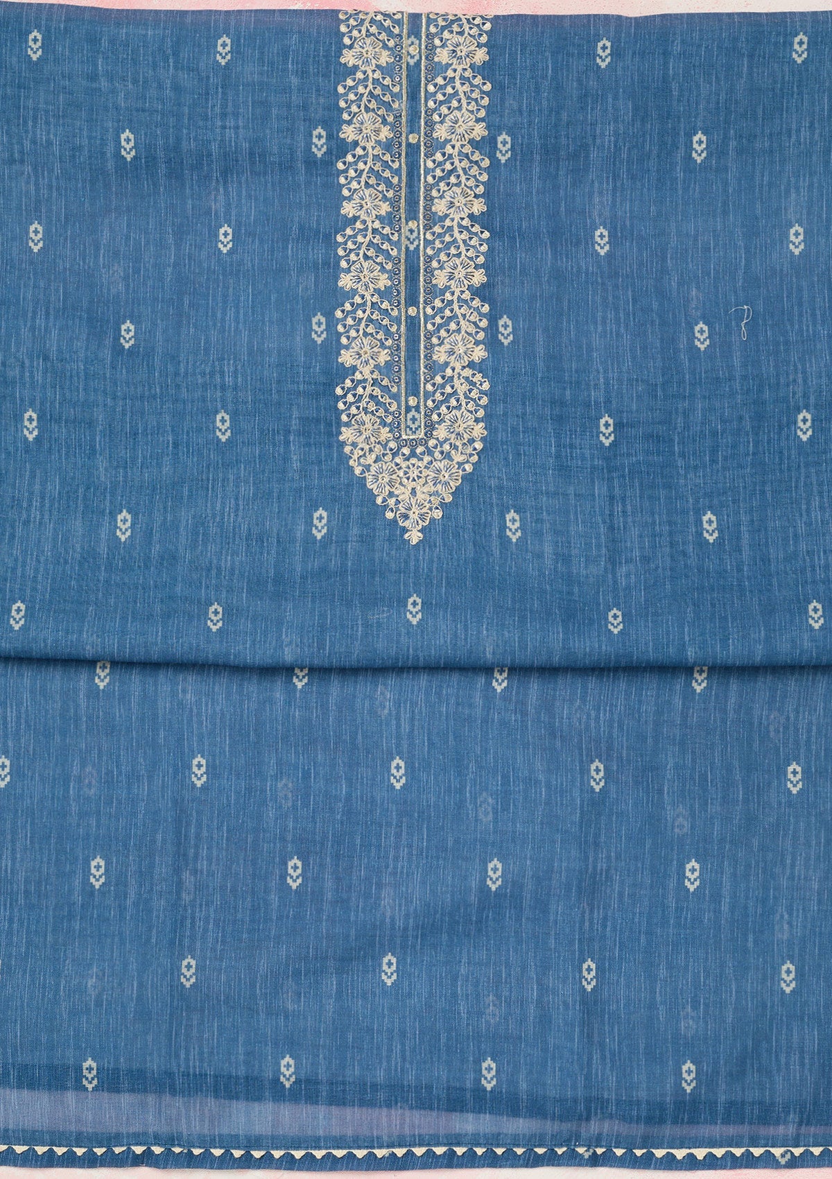 Royal Blue Threadwork Linen Unstitched Salwar Suit-koskii