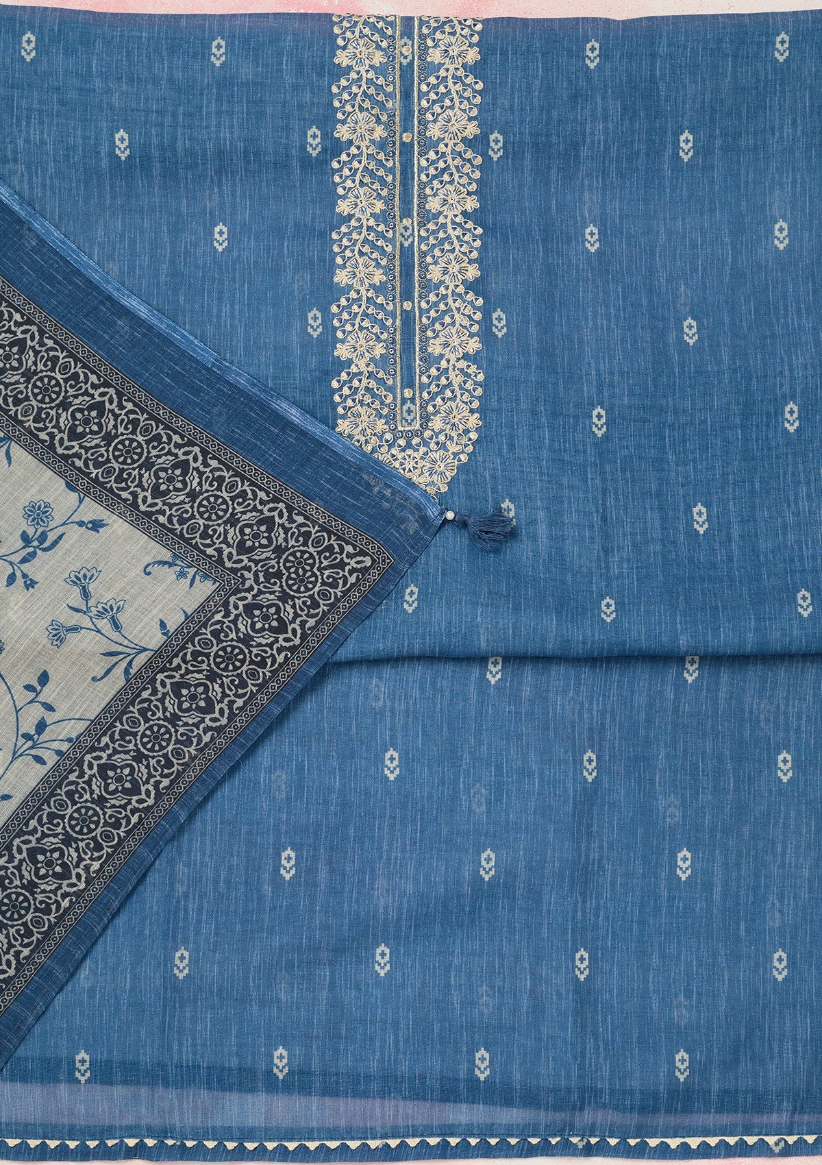 Royal Blue Threadwork Linen Unstitched Salwar Suit-koskii