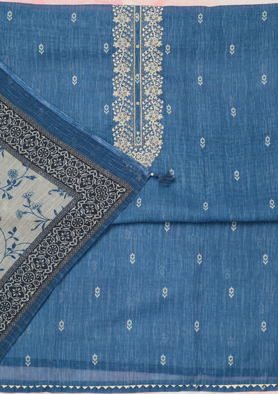 Royal Blue Threadwork Linen Unstitched Salwar Suit-koskii
