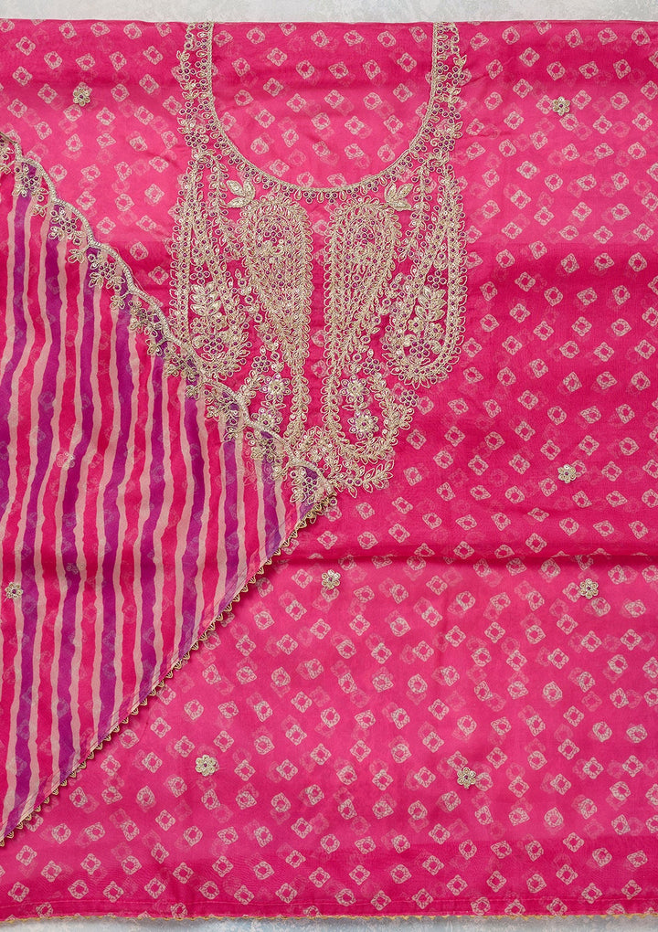 Pink Zariwork (Gold) Organza Unstitched Salwar Suit-Koskii