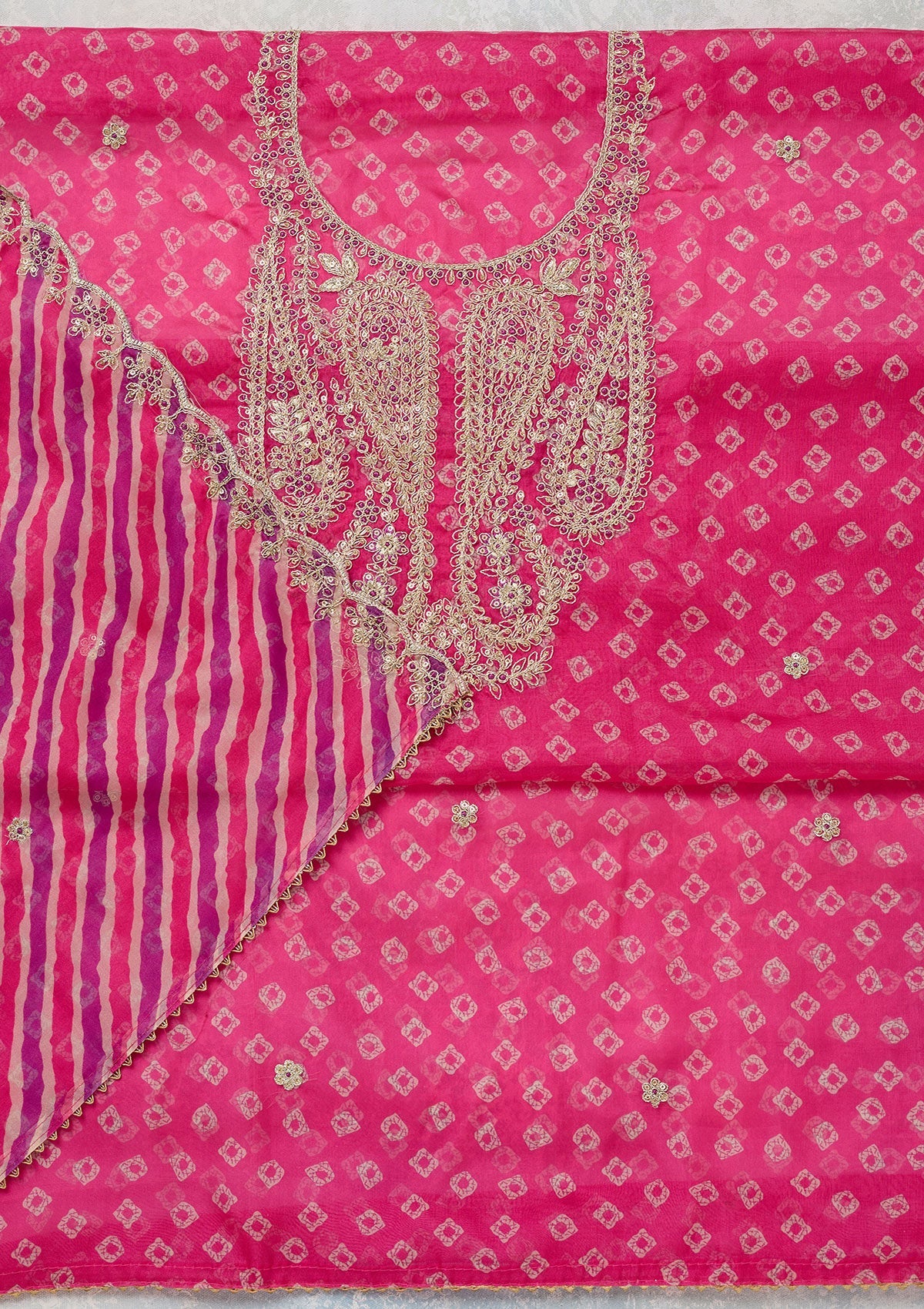 Pink Zariwork (Gold) Organza Unstitched Salwar Suit-Koskii