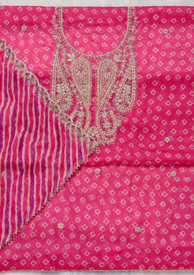 Pink Zariwork (Gold) Organza Unstitched Salwar Suit-Koskii